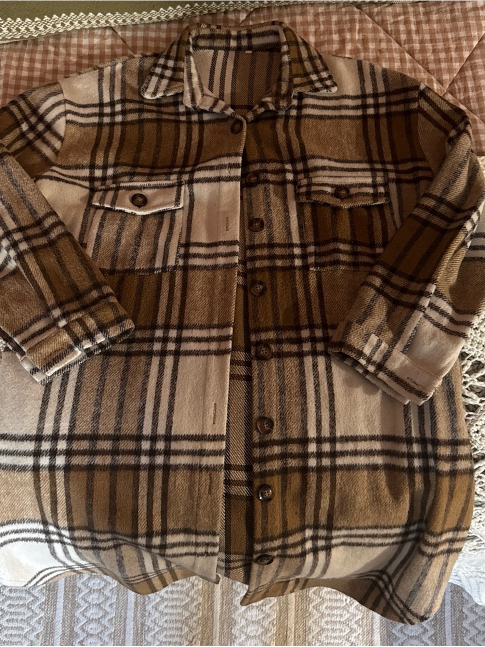 Women Plaid Button-Up Shacket Jacket - Brown/Cream